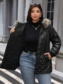 SHEIN LUNE Plus Size Women's Long Sleeve Zipper Front Patchwork Fur Collar Hooded Winter Jacket - Black - View 4