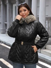 SHEIN LUNE Plus Size Women's Long Sleeve Zipper Front Patchwork Fur Collar Hooded Winter Jacket - Black - View 5