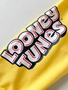 LOONEY TUNES X SHEIN 1件青少年女孩休閒百搭黃色復古卡通圖案短版寬鬆長袖衛衣 Y2K 風格，適合日常穿著、秋冬室內運動、拍照拍攝、節日生日 - 黃色 - 查看 5
