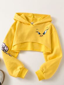 LOONEY TUNES X SHEIN 1件青少年女孩休閒百搭黃色復古卡通圖案短版寬鬆長袖衛衣 Y2K 風格，適合日常穿著、秋冬室內運動、拍照拍攝、節日生日 - 黃色 - 查看 2