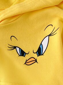 LOONEY TUNES X SHEIN 1件青少年女孩休閒百搭黃色復古卡通圖案短版寬鬆長袖衛衣 Y2K 風格，適合日常穿著、秋冬室內運動、拍照拍攝、節日生日 - 黃色 - 查看 4