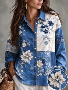 SHEIN LUNE CURVE 女款復古花卉圖案印花休閒長袖舒適襯衫 秋季 - 彩色 - 查看 3