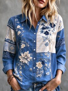 SHEIN LUNE CURVE 女款復古花卉圖案印花休閒長袖舒適襯衫 秋季 - 彩色 - 查看 5