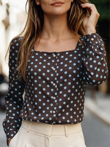 SHEIN New Polka Dot Print Pearl Button Decor Elegant Casual Vacation Business Style Women's Blouse Suitable For Office Daily Wear Vacation Travel Spring Summer Autumn - Coffee Brown - View 5