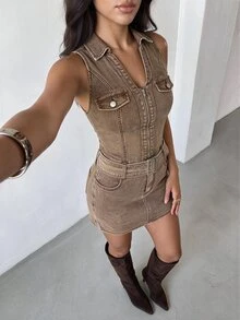 Glamine SHEIN Glamour Women's Sexy Eyelet Zipper Button Denim Dress - Brown - View 5