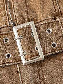 Glamine SHEIN Glamour Women's Sexy Eyelet Zipper Button Denim Dress - Brown - View 9