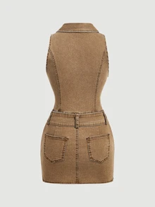 Glamine SHEIN Glamour Women's Sexy Eyelet Zipper Button Denim Dress - Brown - View 8
