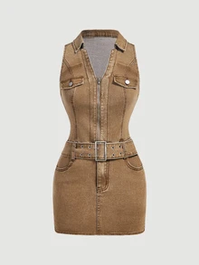 Glamine SHEIN Glamour Women's Sexy Eyelet Zipper Button Denim Dress - Brown - View 7