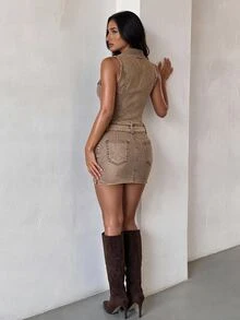 Glamine SHEIN Glamour Women's Sexy Eyelet Zipper Button Denim Dress - Brown - View 2