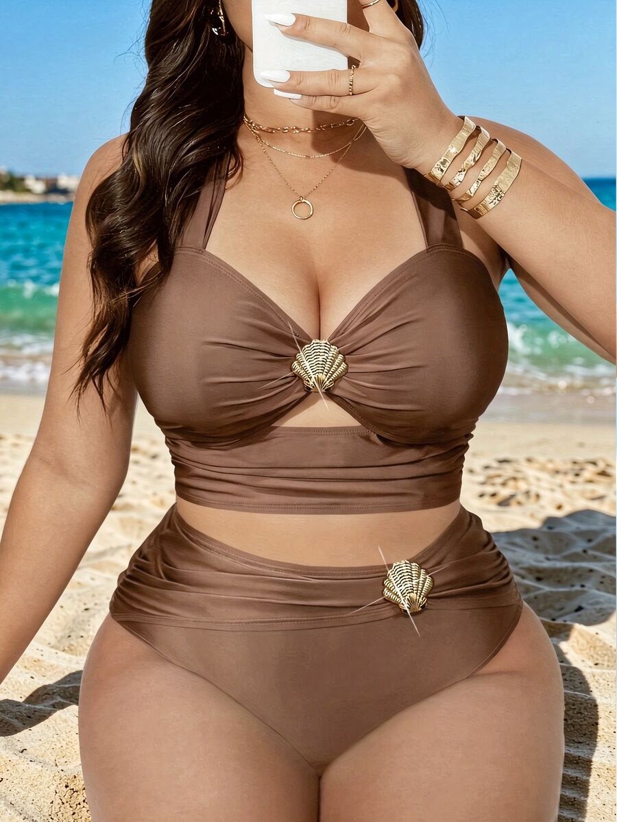 SHEIN Swim Plus Size Women 2pcs Set High-End Satin Backless Top High Waist Pants 3pcs Suit, Beach Party Vacation Holiday Brown Summer Sexy Elegant - Coffee Brown - View 1