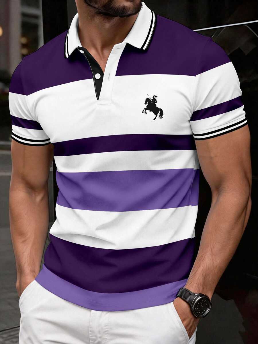 Manfinity Dauomo 男士休閒條紋印花 Polo 衫,藍色系,馬匹圖案,適合商務與日常穿著,辦公室穿搭 - 彩色 - 查看 1