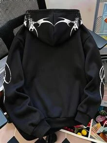 SHEIN 青少年男孩抓絨內裡套頭帽顯衛衣，厚實保暖草體字母圖案與星星印花純黑色連帽上衣，秋季上衣 - 黑色 - 查看 2