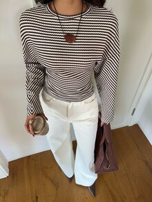 Aloruh 女款秋冬休閒寬鬆上身緊身下身條紋T恤，秋季上衣，外出穿搭上衣，Y2K風格上衣 - 彩色 - 查看 8