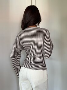 Aloruh 女款秋冬休閒寬鬆上身緊身下身條紋T恤，秋季上衣，外出穿搭上衣，Y2K風格上衣 - 彩色 - 查看 6