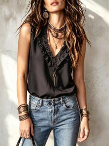 Glimmora Bohemian Style Solid Color Ruffle V-Neck Sleeveless Tank Top, Women's Loose Straight Fit Blouse, Summer Vacation Casual Daily Wear Shirt - Black - View 6