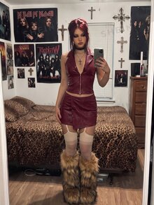 Bitrose Sexy Hot Girl Style Deep V-Neck Lapel Dark Snake Print Halter Neck Fitted Sleeveless Top, Low Waist Bodycon Mini Skirt Suit Set - Burgundy - View 1