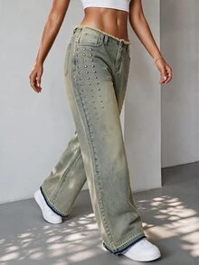SHEIN Glamour Women's Sexy Button Rivet Frayed Hem Denim Jeans - Dusty Blue - View 4