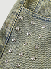 SHEIN Glamour Women's Sexy Button Rivet Frayed Hem Denim Jeans - Dusty Blue - View 8