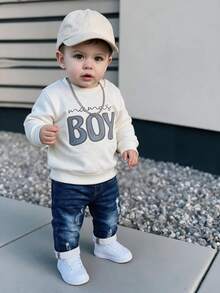 SHEIN 2件組幼童男孩衛衣與牛仔風長褲套裝，可愛白色與藍色字母印花，做舊破洞長袖圓領修身款，假日秋季穿搭 - 白色 - 查看 1