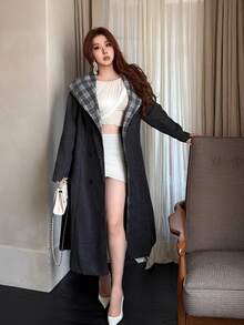 Vibekara Plus Size Casual Plaid Double-Breasted Wool Blend Coat, Autumn/Winter - Grey - View 4