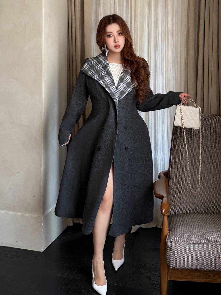 Vibekara Plus Size Casual Plaid Double-Breasted Wool Blend Coat, Autumn/Winter - Grey - View 1