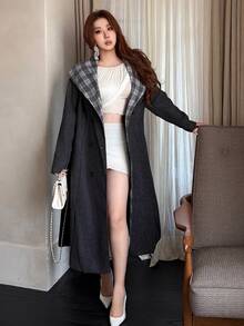 Vibekara Plus Size Casual Plaid Double-Breasted Wool Blend Coat, Autumn/Winter - Grey - View 3