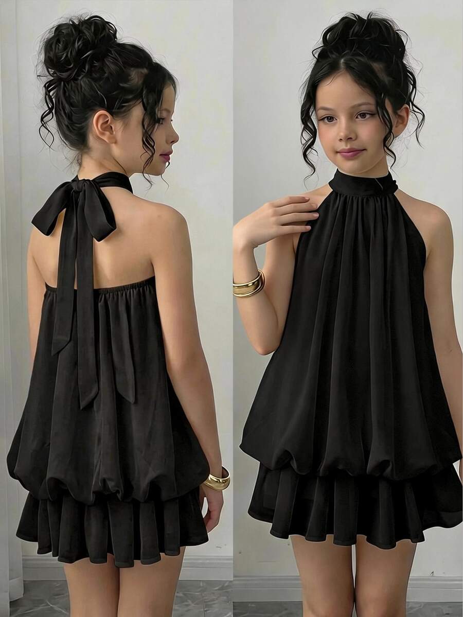 Firerie Kids Firerie Kids Tween Girl Black Halter Tie Mini Dress - Black - View 1