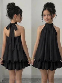 Firerie Kids Firerie Kids Tween Girl Black Halter Tie Mini Dress - Black - View 7