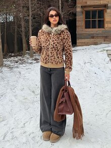 SHEIN EZwear Women's Leopard Print Long Sleeve Zip-Up Hooded Regular Jacket With Fur Trim - Multicolor - View 4