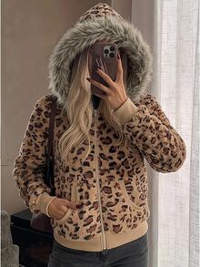 SHEIN EZwear Women's Leopard Print Long Sleeve Zip-Up Hooded Regular Jacket With Fur Trim - Multicolor - View 6