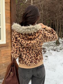 SHEIN EZwear Women's Leopard Print Long Sleeve Zip-Up Hooded Regular Jacket With Fur Trim - Multicolor - View 2