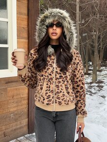 SHEIN EZwear Women's Leopard Print Long Sleeve Zip-Up Hooded Regular Jacket With Fur Trim - Multicolor - View 7