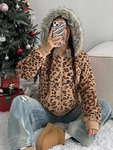 SHEIN EZwear Women's Leopard Print Long Sleeve Zip-Up Hooded Regular Jacket With Fur Trim - Multicolor - View 8
