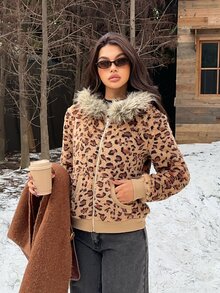 SHEIN EZwear Women's Leopard Print Long Sleeve Zip-Up Hooded Regular Jacket With Fur Trim - Multicolor - View 5