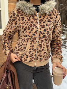 SHEIN EZwear Women's Leopard Print Long Sleeve Zip-Up Hooded Regular Jacket With Fur Trim - Multicolor - View 3