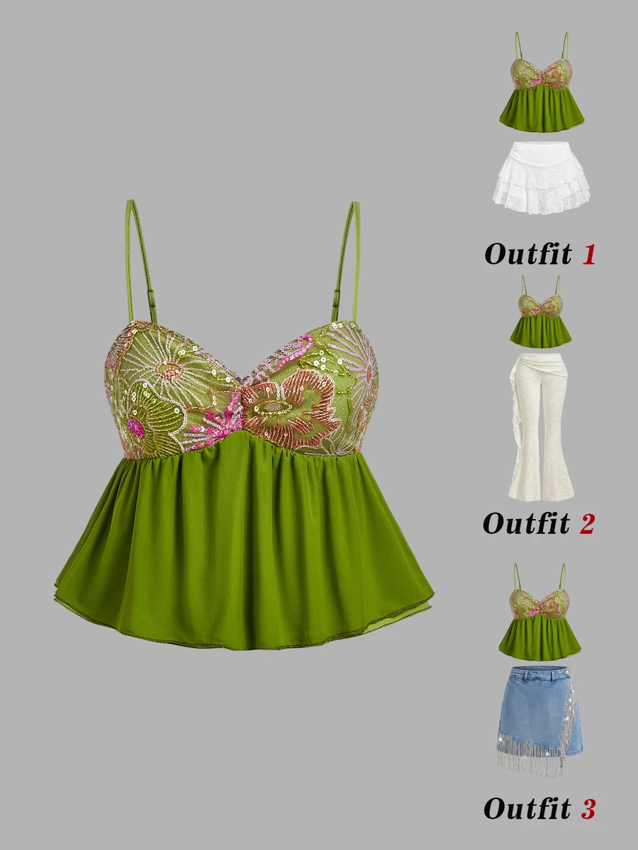 SHEIN MOD Women's Sexy Sequin Pleated Camisole Tank Top Street Style - Green - View 1