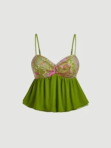SHEIN MOD Women's Sexy Sequin Pleated Camisole Tank Top Street Style - Green - View 7
