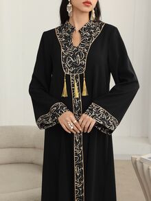 Al Najma Patchwork Print With Gold Trim And Pendant Long Cardigan Kaftan  Beach  Black Modest Traditional For Women Jalabiya Dress - Black - View 3