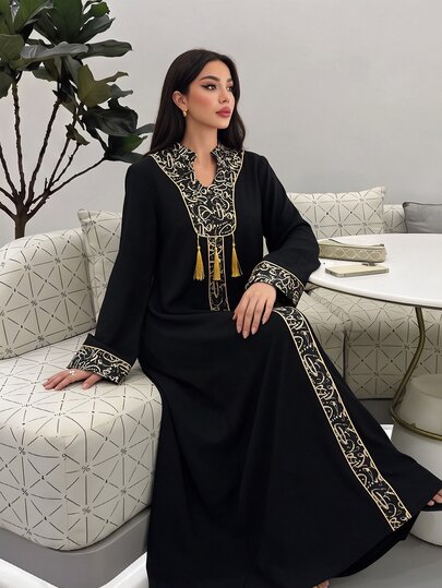 Al Najma Patchwork Print With Gold Trim And Pendant Long Cardigan Kaftan  Beach  Black Modest Traditional For Women Jalabiya Dress