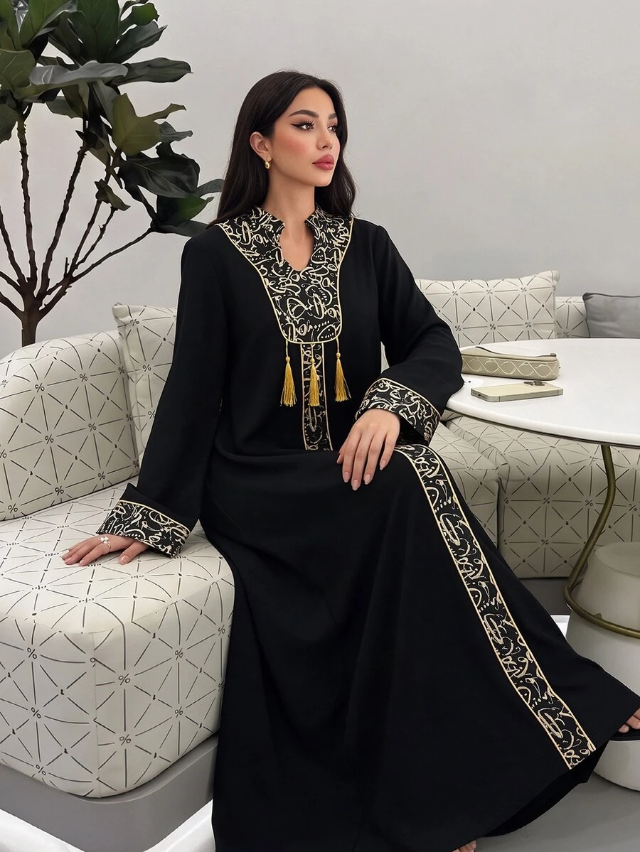 Al Najma Patchwork Print With Gold Trim And Pendant Long Cardigan Kaftan  Beach  Black Modest Traditional For Women Jalabiya Dress