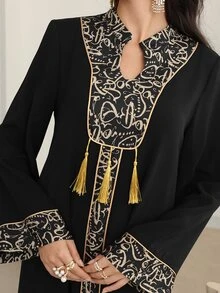 Al Najma Patchwork Print With Gold Trim And Pendant Long Cardigan Kaftan  Beach  Black Modest Traditional For Women Jalabiya Dress - Black - View 4
