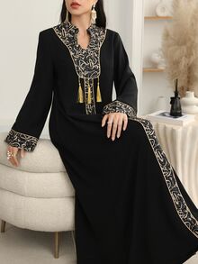 Al Najma Patchwork Print With Gold Trim And Pendant Long Cardigan Kaftan  Beach  Black Modest Traditional For Women Jalabiya Dress - Black - View 9