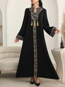 Al Najma Patchwork Print With Gold Trim And Pendant Long Cardigan Kaftan  Beach  Black Modest Traditional For Women Jalabiya Dress - Black - View 6