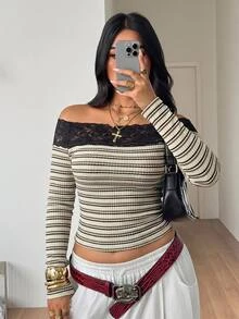 Coolane 女款大尺碼秋冬優雅正式日常休閒彈性長袖米色條紋黑色蕾絲拼接露肩上衣萬聖節 - 彩色 - 查看 7