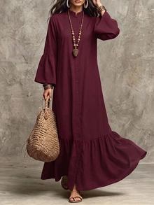 Breezaya Women's Solid Color Stand Collar Long Flare Sleeve Dress - Burgundy - View 3