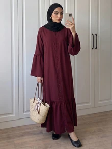 Breezaya Women's Solid Color Stand Collar Long Flare Sleeve Dress - Burgundy - View 6
