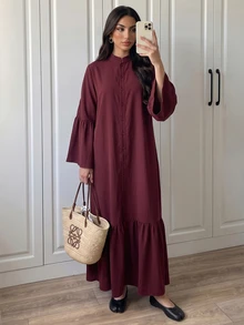Breezaya Women's Solid Color Stand Collar Long Flare Sleeve Dress - Burgundy - View 4