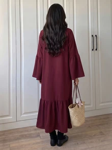 Breezaya Women's Solid Color Stand Collar Long Flare Sleeve Dress - Burgundy - View 2