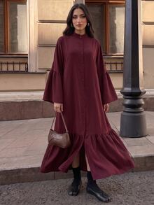 Breezaya Women's Solid Color Stand Collar Long Flare Sleeve Dress - Burgundy - View 5