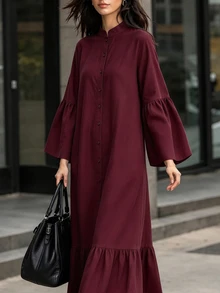 Breezaya Women's Solid Color Stand Collar Long Flare Sleeve Dress - Burgundy - View 7